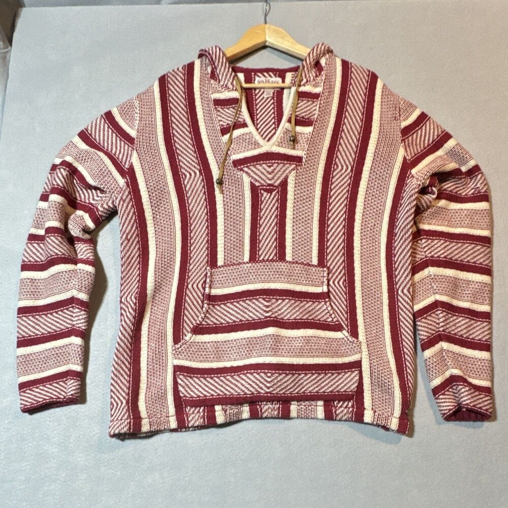 True Religion Cotton Knit Red Beige Striped V-Neck Hooded Pullover Sweater 3XL